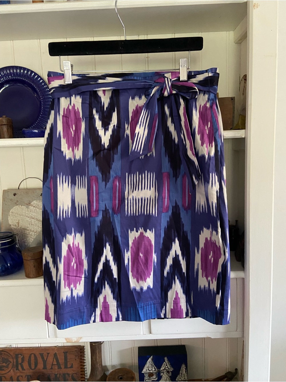 Talbots Ikat Tie-Waist Midi Skirt - Blue, Purple & White